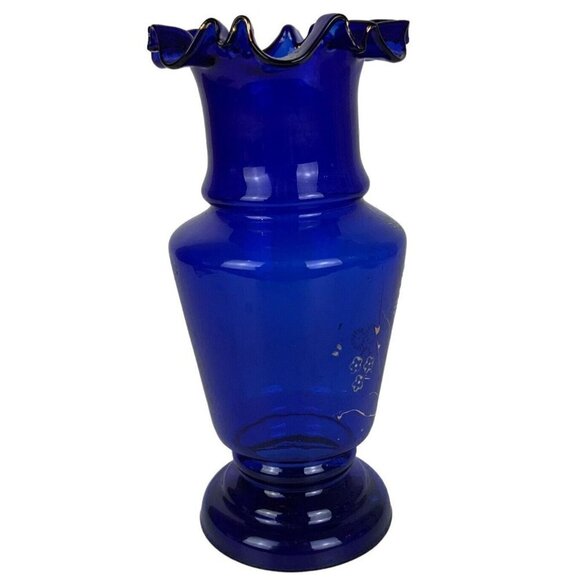 Cobalt Blue Art Glass Vase Hand Painted Flowers Ruffled Edge Vintage - Picture 5 of 7
